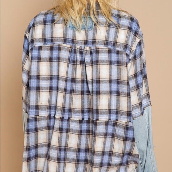 New POL brand denim multi media flannel pullover on blue plaid, S, M, L - Picture 6 of 6